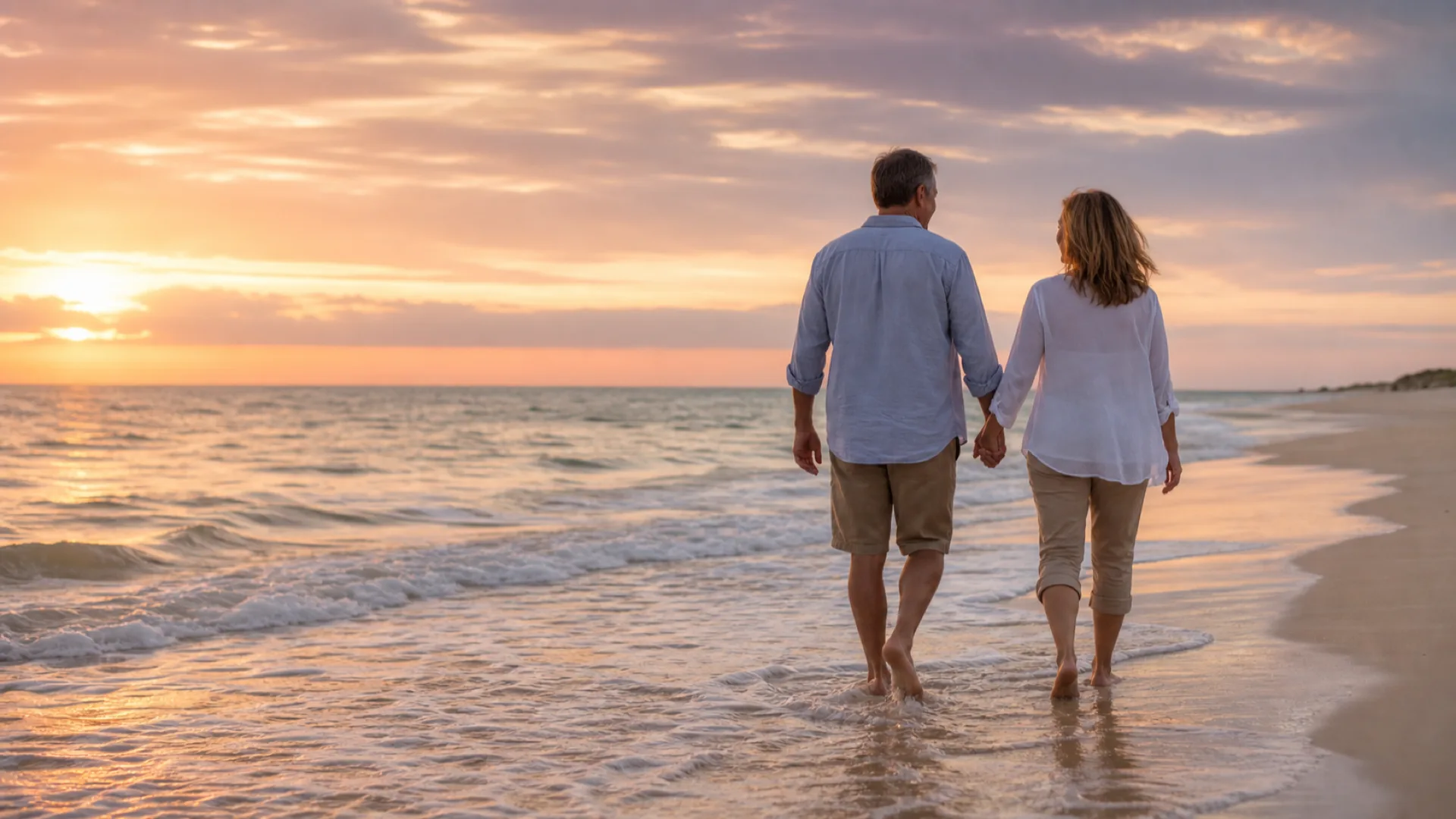 A happy couple walking hand in hand along the shoreline at sunset